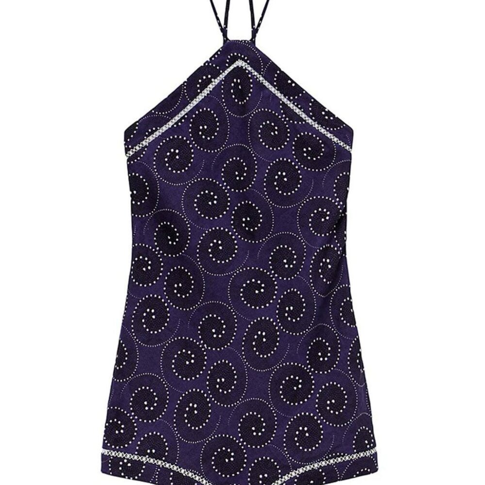 New STAUD Megan Linen Halter Mini Dress Tunic Navy Whirlpool 14 MSRP $300 - Picture 8 of 13